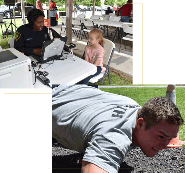 two pictures. Deputy speaking with child and training picture